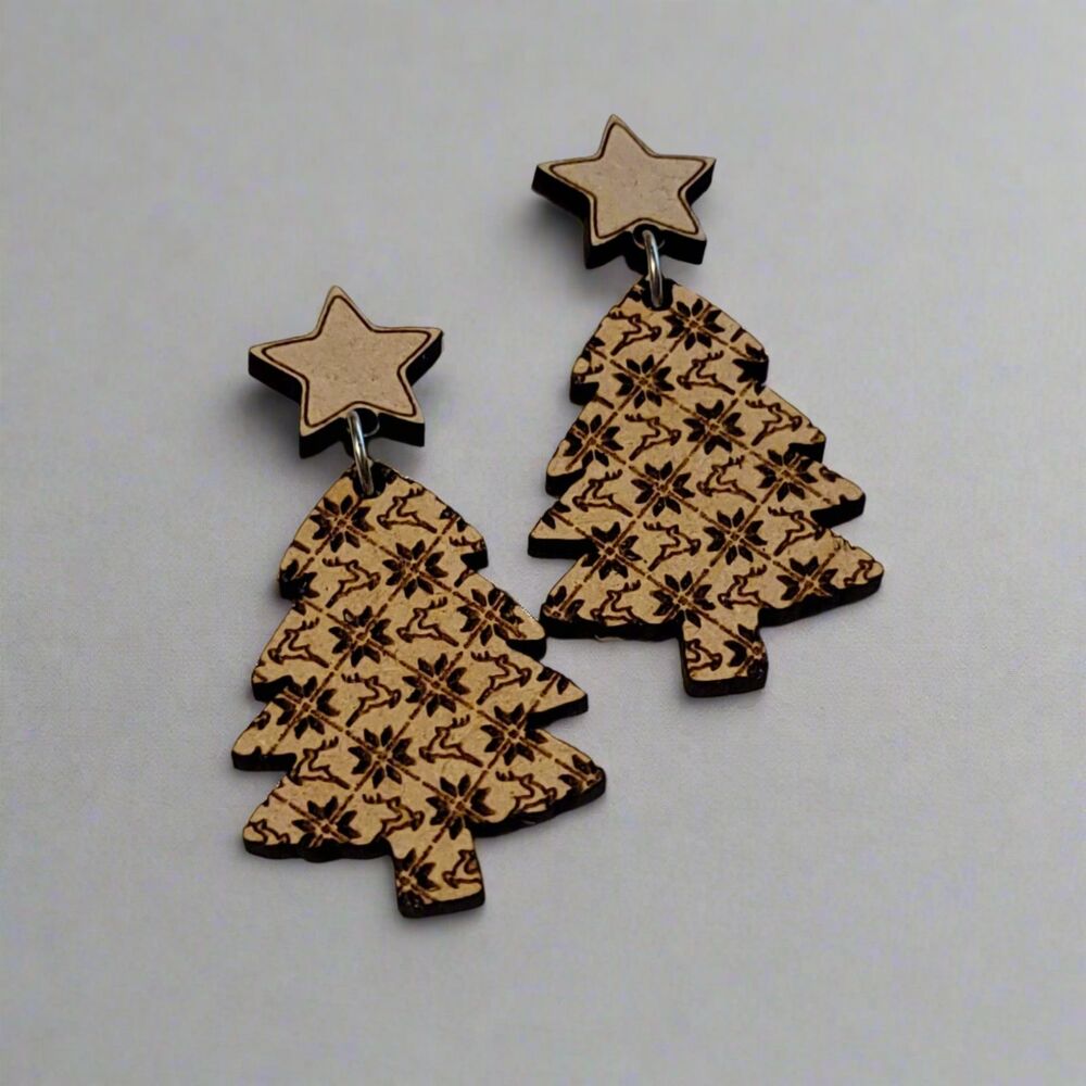 Handmade Wooden Christmas Tree Earrings with Reindeer Pattern and Star Top